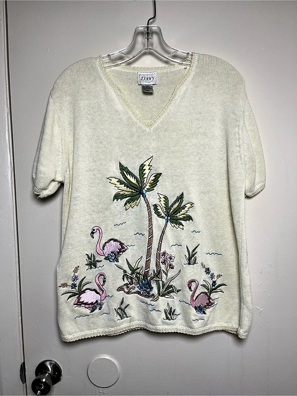 Women's Jenny Vintage Embroidered Tropical Cotton Flamingo Grannycore Sweater L